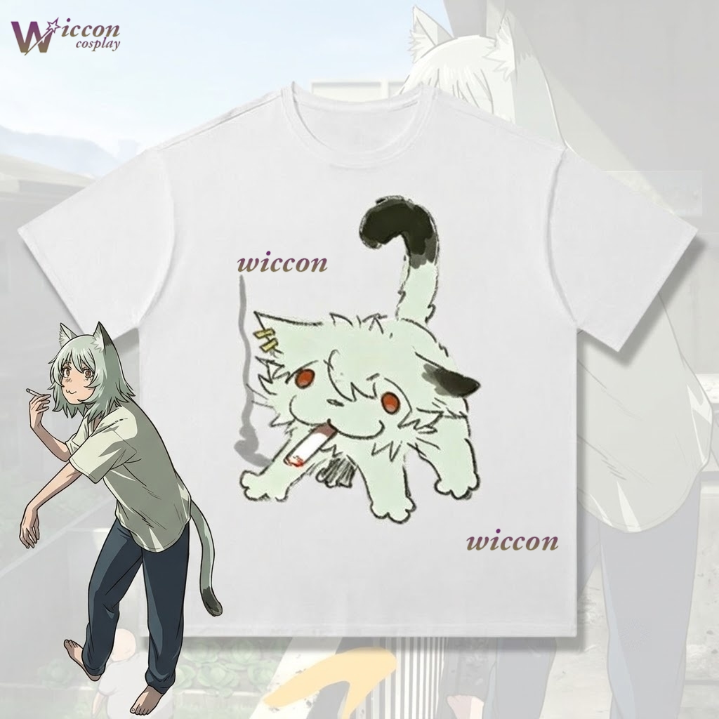 Anime Merchandise T Shirt - YesOk Chainsmoker Cat Yaniko Satou เสื้อยืดแขนสั้นพิมพ์ลายอนิเมะน่ารักผ้าฝ้ายคอสเพลย์อะนิเมะวัยรุ่นอะนิเมะสินค้าแคซัว
