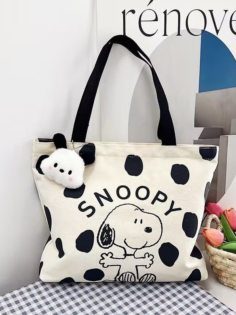Anime Tote Bag - กระเป๋าสะพายผ้าแคนวาสลายการ์ตูนสนูปปี้สำหรับผู้หญิง กระเป๋าสะพายความจุขนาดใหญ่ กระเป๋าถือลำลองสำหรับนักเรียน ใช้ในชีวิตประจำวัน กระเป๋าเดินทาง