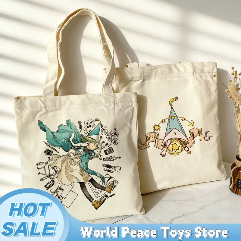 Anime Tote Bag - กระเป๋าผ้าแคนวาสลายหมวกแม่มดญี่ปุ่น กระเป๋าเก็บของขนาดใหญ่ กระเป๋าถือสะพายไหล่ กระเป๋าใส่อาหารกลางวัน ของขวัญสำหรับแฟนๆอนิเมะ